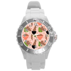 Doodle Yakisoba Seamless Pattern Background Cartoon Japanese Street Food Round Plastic Sport Watch (l) by Grandong