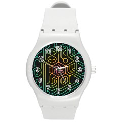 Circuit Hexagonal Geometric Pattern Background Pattern Round Plastic Sport Watch (m) by Ndabl3x