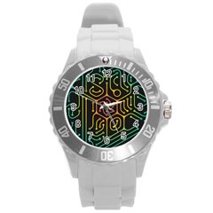 Circuit Hexagonal Geometric Pattern Background Pattern Round Plastic Sport Watch (l) by Ndabl3x