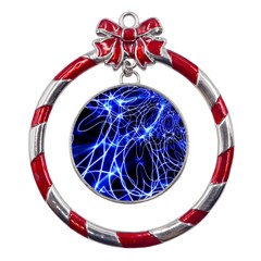 Lines Flash Light Mystical Fantasy Metal Red Ribbon Round Ornament by Dutashop