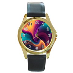 Abstract Colorful Waves Painting Round Gold Metal Watch