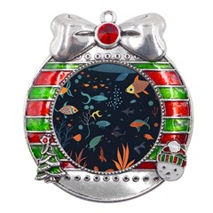 Underwater Ocean Animals Sea Metal X mas Ribbon With Red Crystal Round Ornament by Simbadda