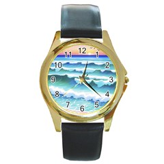 Ocean Sea Waves Beach Round Gold Metal Watch by Simbadda