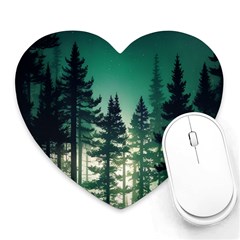 Magic Pine Forest Night Landscape Heart Mousepad by Simbadda