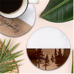 Magic Pine Forest Night Landscape Classic Marble Wood Coaster (round) 