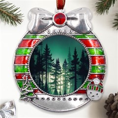 Magic Pine Forest Night Landscape Metal X mas Ribbon With Red Crystal Round Ornament by Simbadda