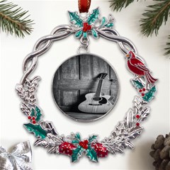 Acoustic Guitar Metal X mas Wreath Holly Leaf Ornament by artworkshop