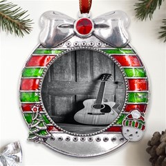 Acoustic Guitar Metal X mas Ribbon With Red Crystal Round Ornament by artworkshop