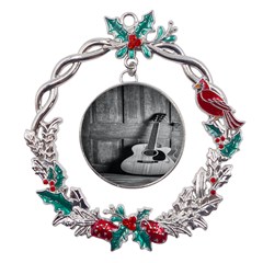 Acoustic Guitar Metal X mas Wreath Holly Leaf Ornament by artworkshop