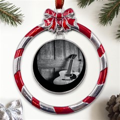 Acoustic Guitar Metal Red Ribbon Round Ornament by artworkshop