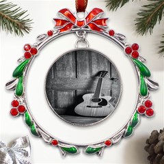 Acoustic Guitar Metal X mas Wreath Ribbon Ornament by artworkshop