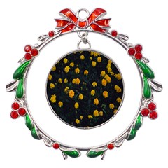 Bloomed Yellow Petaled Flower Plants Metal X mas Wreath Ribbon Ornament by artworkshop