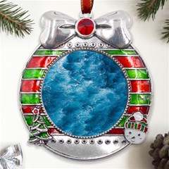 Blue Water Speech Therapy Metal X mas Ribbon With Red Crystal Round Ornament by artworkshop