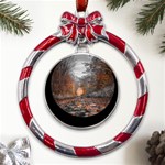 Breathe In Nature Background Metal Red Ribbon Round Ornament Front