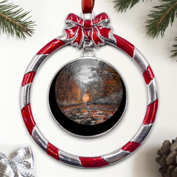 Breathe In Nature Background Metal Red Ribbon Round Ornament