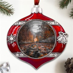 Breathe In Nature Background Metal Snowflake And Bell Red Ornament