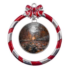 Breathe In Nature Background Metal Red Ribbon Round Ornament by artworkshop