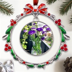 Cute Flower Wallpaper Metal X mas Wreath Ribbon Ornament by artworkshop