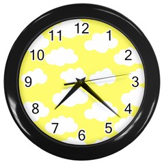 Cute Yellow White Clouds Wall Clock (black) by ConteMonfrey