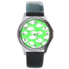 Green and white cute Clouds  Round Metal Watch