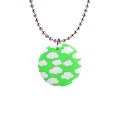 Green And White Cute Clouds  1  Button Necklace by ConteMonfrey