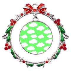 Green And White Cute Clouds  Metal X mas Wreath Ribbon Ornament by ConteMonfrey