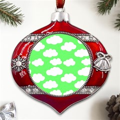 Green and white cute Clouds  Metal Snowflake And Bell Red Ornament