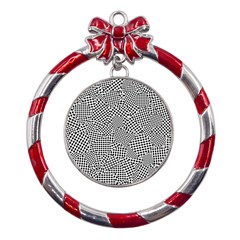 Geometric Noir Pattern Metal Red Ribbon Round Ornament by dflcprintsclothing