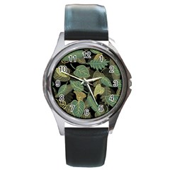 Autumn Fallen Leaves Dried Leaves Round Metal Watch by Simbadda