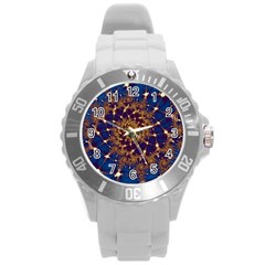 Fractal Spiral Art Pattern Blue Design Round Plastic Sport Watch (L)