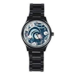 Flowers Pattern Floral Ocean Abstract Digital Art Stainless Steel Round Watch by Simbadda