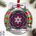 Rosette Kaleidoscope Mosaic Abstract Background Art Metal X Mas Ribbon With Red Crystal Round Ornament Front