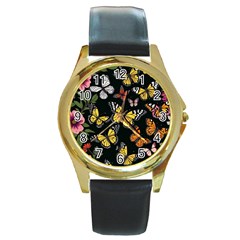 Flowers Butterfly Blooms Flowering Spring Round Gold Metal Watch by Simbadda