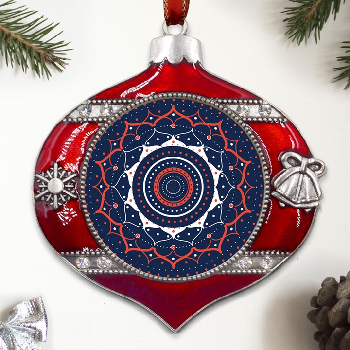 Mandala Orange Navy Metal Snowflake And Bell Red Ornament