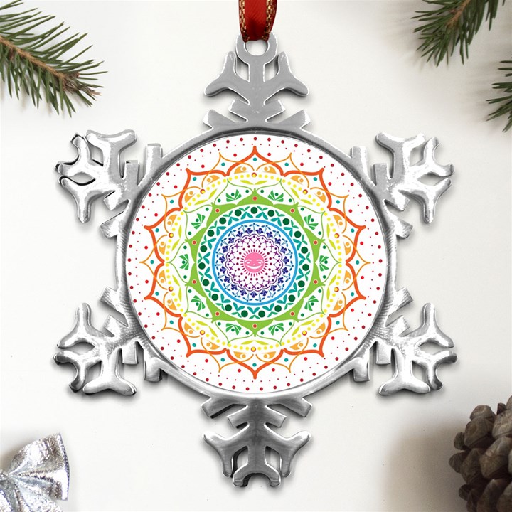 Mandala Pattern Rainbow Pride Metal Small Snowflake Ornament