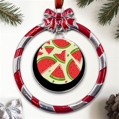 Cute Watermelon Seamless Pattern Metal Red Ribbon Round Ornament