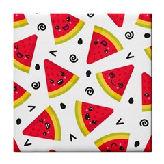 Cute Smiling Watermelon Seamless Pattern White Background Tile Coaster by Simbadda