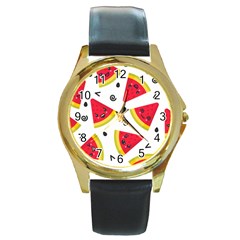 Cute Smiling Watermelon Seamless Pattern White Background Round Gold Metal Watch by Simbadda