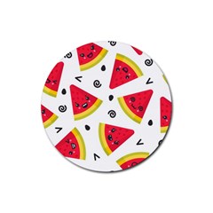 Cute Smiling Watermelon Seamless Pattern White Background Rubber Coaster (round) by Simbadda