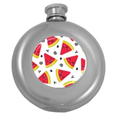 Cute Smiling Watermelon Seamless Pattern White Background Round Hip Flask (5 Oz) by Simbadda