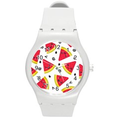 Cute Smiling Watermelon Seamless Pattern White Background Round Plastic Sport Watch (m) by Simbadda