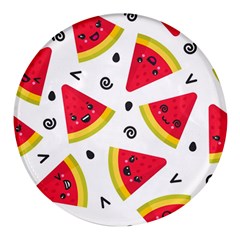 Cute Smiling Watermelon Seamless Pattern White Background Round Glass Fridge Magnet (4 Pack) by Simbadda