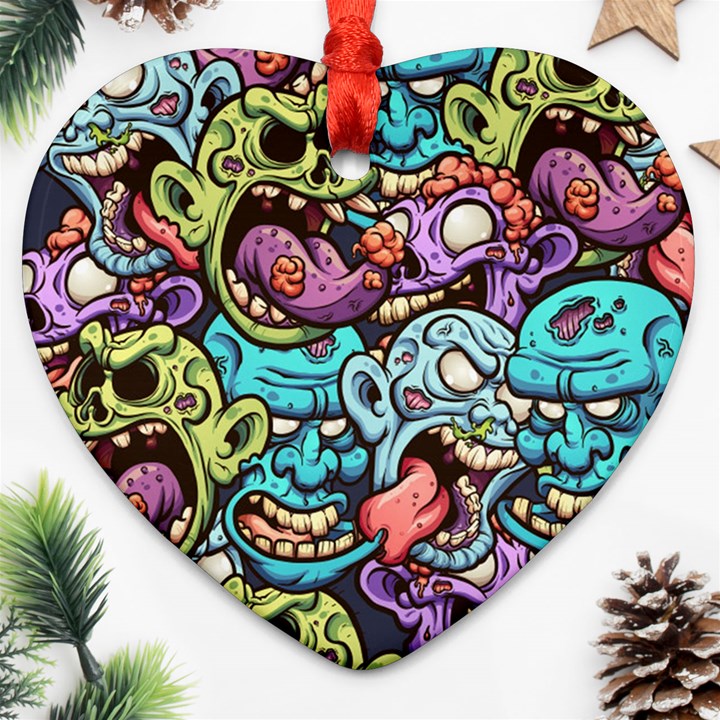 Zombie Heads Pattern Heart Ornament (Two Sides)