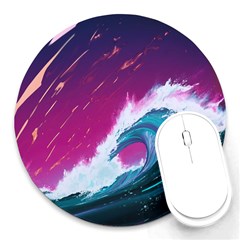 Tsunami Waves Ocean Sea Nautical Nature Water Unique Round Mousepad by Simbadda