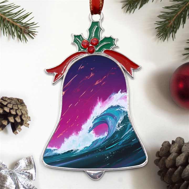 Tsunami Waves Ocean Sea Nautical Nature Water Unique Metal Holly Leaf Bell Ornament