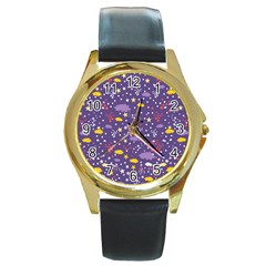 Pattern Cute Clouds Stars Round Gold Metal Watch by Simbadda