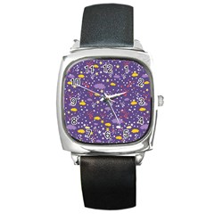 Pattern Cute Clouds Stars Square Metal Watch by Simbadda