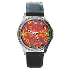 Flowers Pattern Round Metal Watch