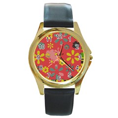 Flowers Pattern Round Gold Metal Watch