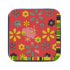 Flowers Pattern Square Metal Box (Black)